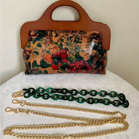 Handmade Genuine Leather Floral Print Large Wooden Frame Bag with 2 Chain styles - Picture 9 of 16